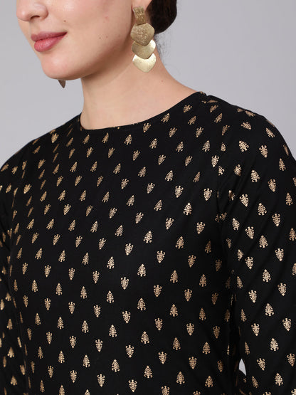Women's Black & Gold Ethnic Printed Kurta With Palazzo & With Net Dupatta
