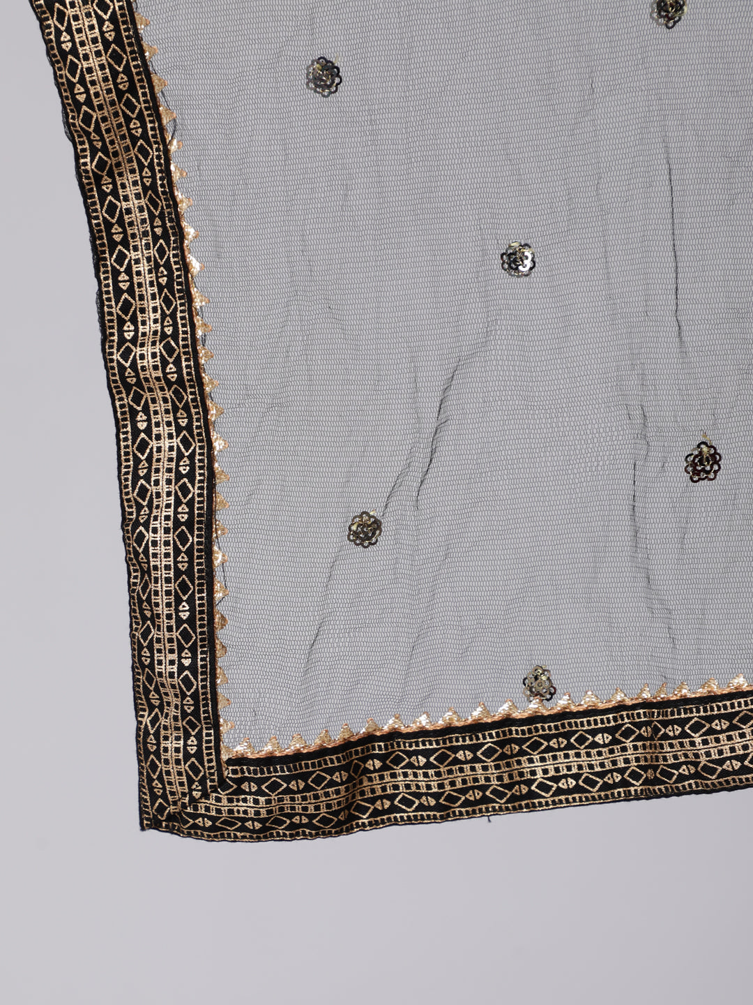 Women's Black & Gold Ethnic Printed Kurta With Palazzo & With Net Dupatta