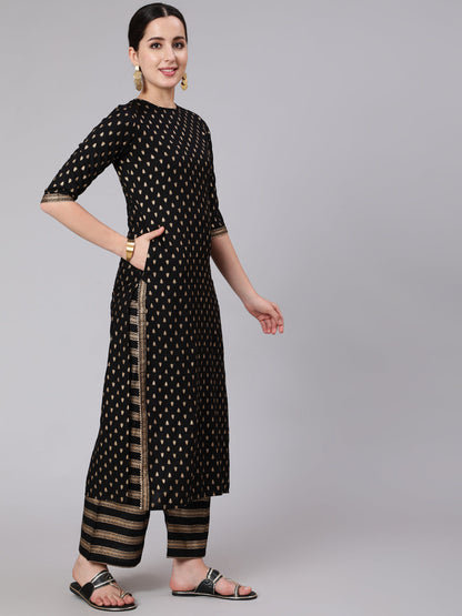 Women's Black & Gold Ethnic Printed Kurta With Palazzo & With Net Dupatta