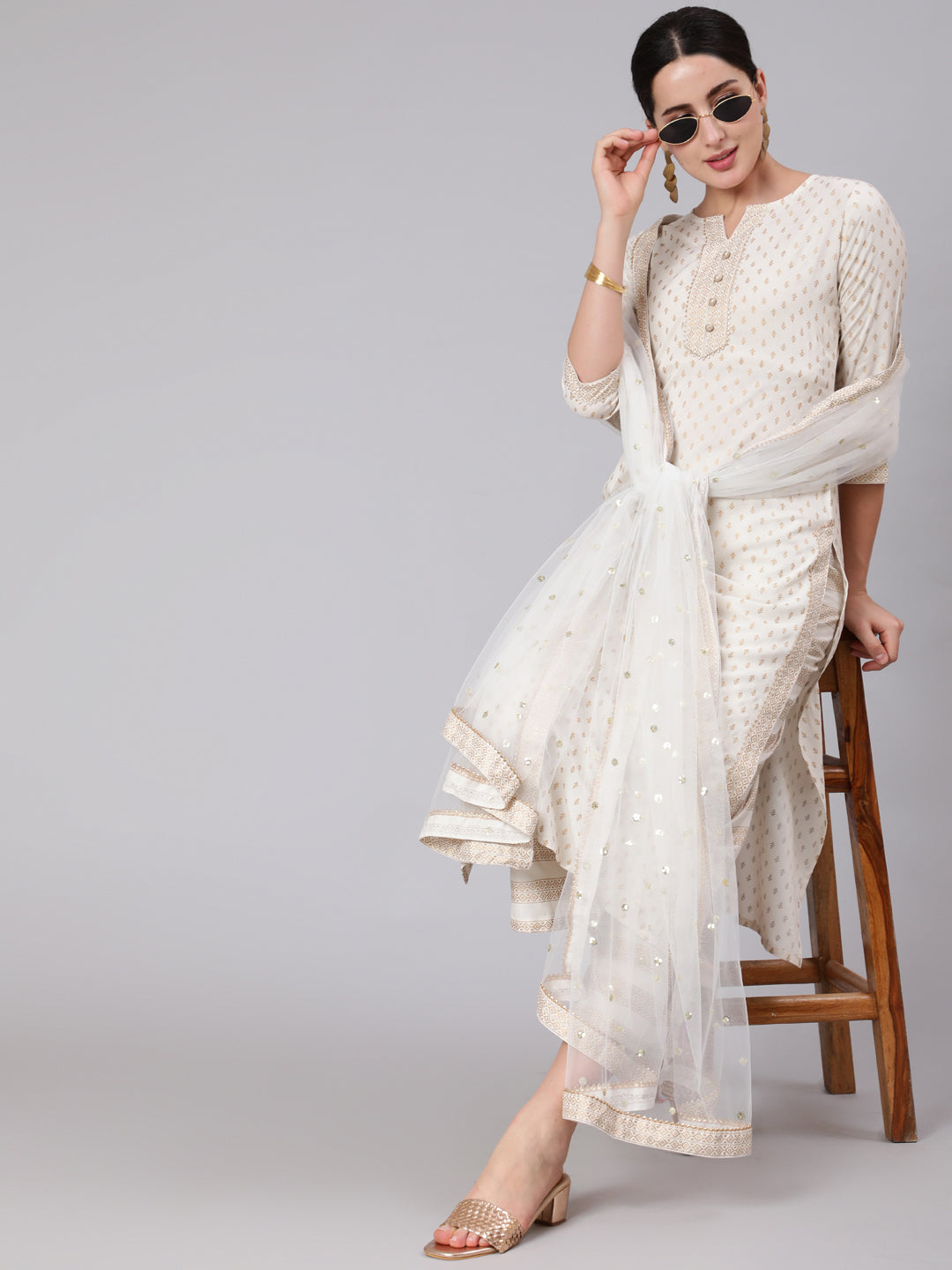 Women's White & Gold Printed Lace Details Lurta With Palazzo And Net Sequence Dupatta