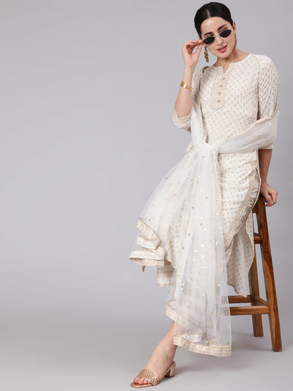 Women's White & Gold Printed Lace Details Lurta With Palazzo And Net Sequence Dupatta
