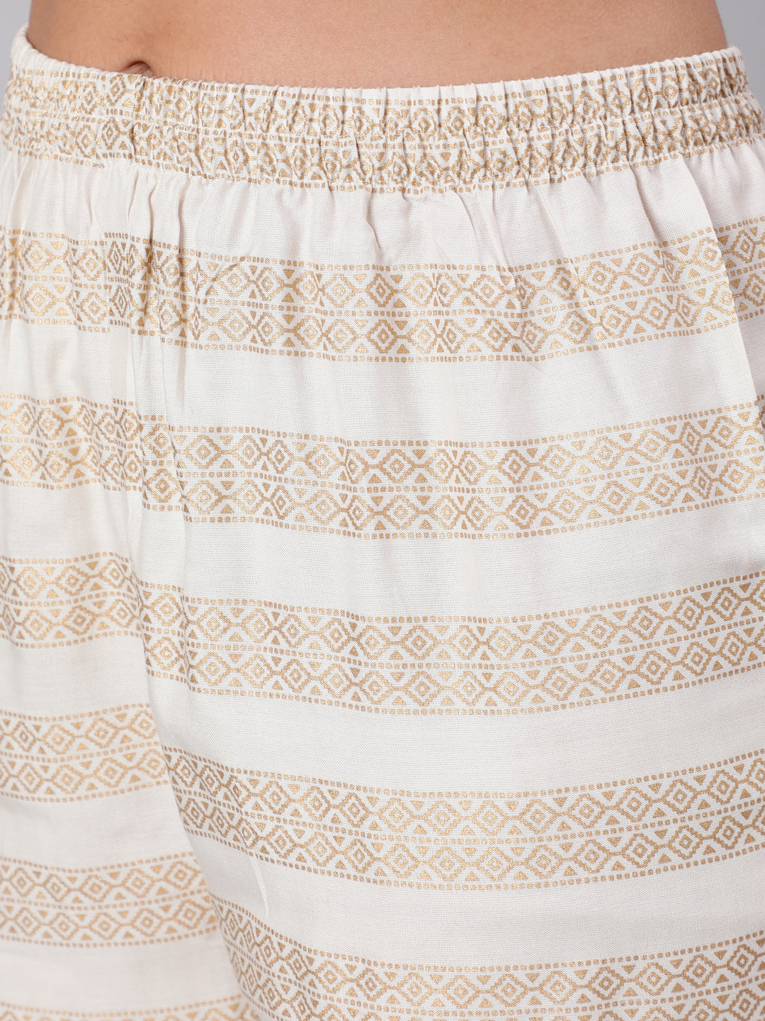 Women's White & Gold Printed Lace Details Lurta With Palazzo And Net Sequence Dupatta
