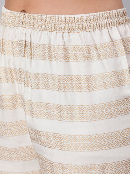 Women's White & Gold Printed Lace Details Lurta With Palazzo And Net Sequence Dupatta