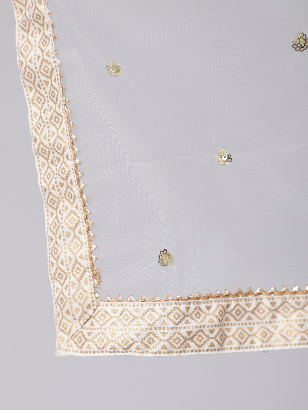 Women's White & Gold Printed Lace Details Lurta With Palazzo And Net Sequence Dupatta