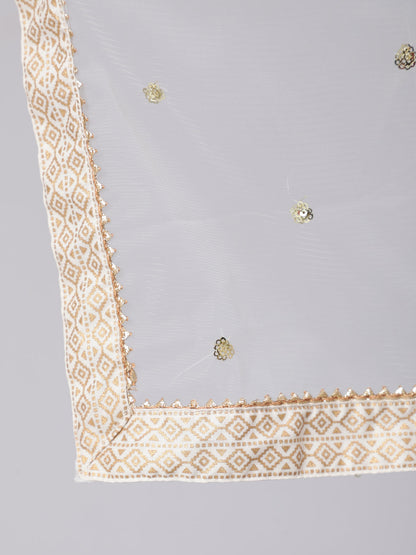 Women's White & Gold Printed Lace Details Lurta With Palazzo And Net Sequence Dupatta