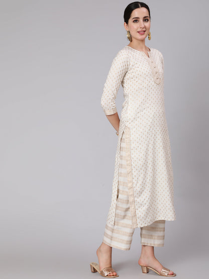 Women's White & Gold Printed Lace Details Lurta With Palazzo And Net Sequence Dupatta