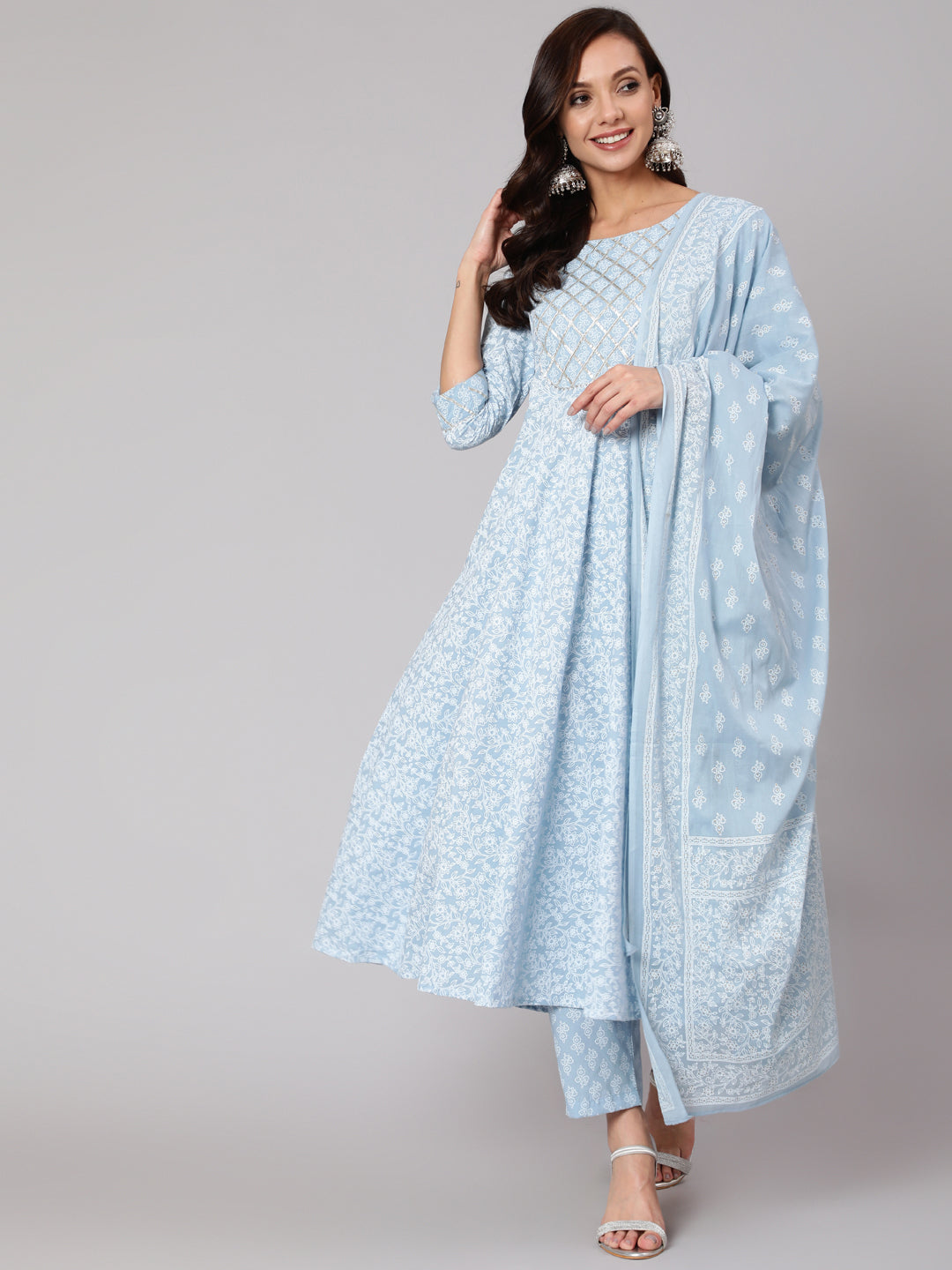 Women's Light Blue Floral Printedt Flared Kurta With Trouser And Dupatta