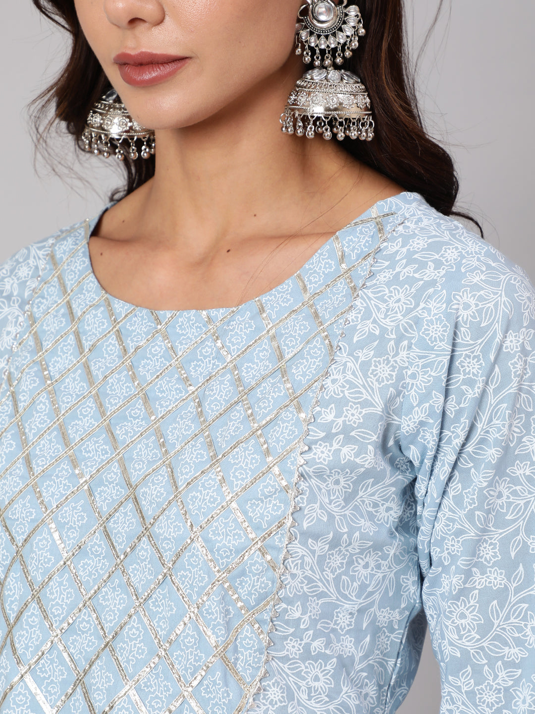 Women's Light Blue Floral Printedt Flared Kurta With Trouser And Dupatta