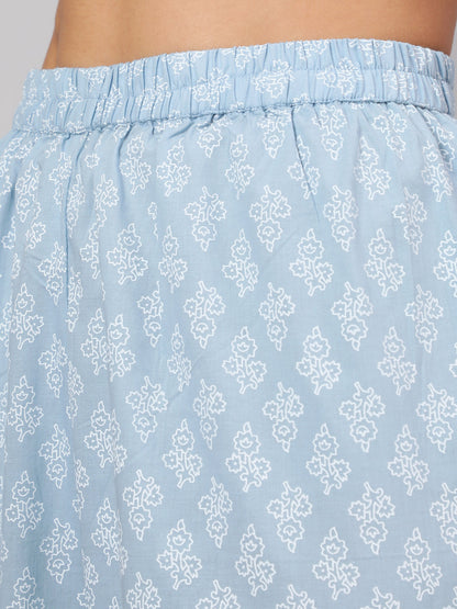 Women's Light Blue Floral Printedt Flared Kurta With Trouser And Dupatta