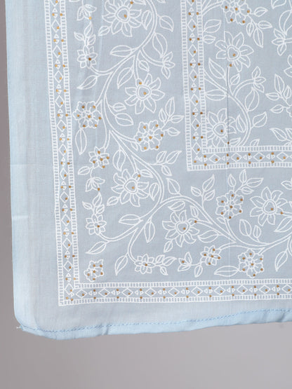 Women's Light Blue Floral Printedt Flared Kurta With Trouser And Dupatta