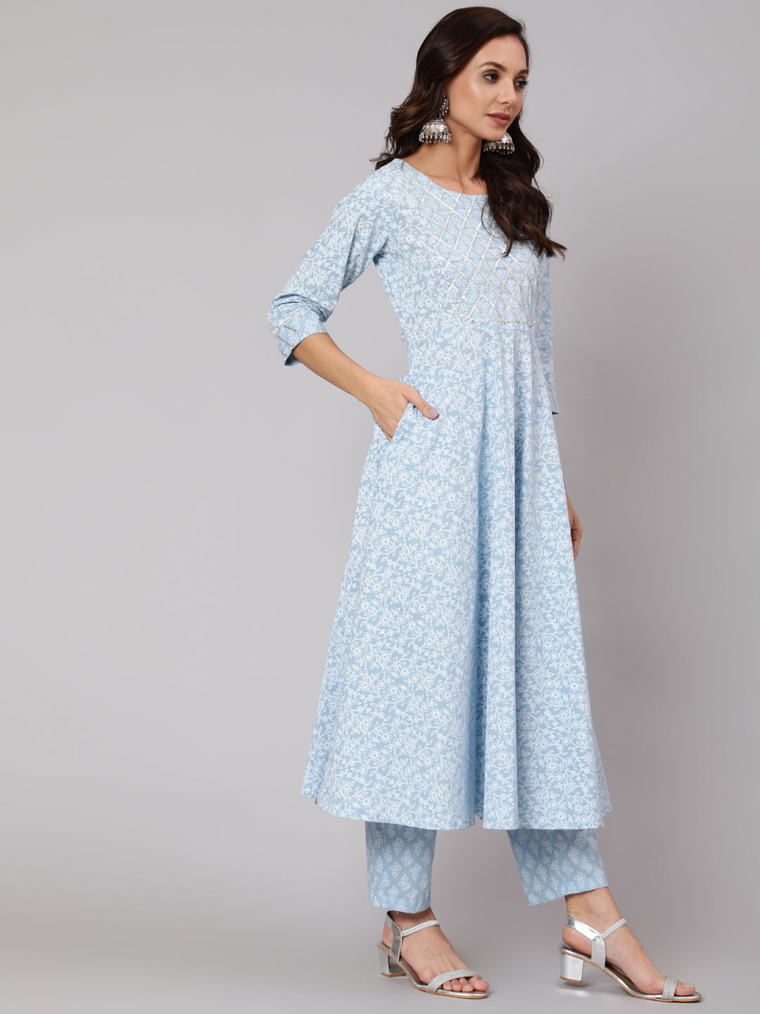 Women's Light Blue Floral Printedt Flared Kurta With Trouser And Dupatta