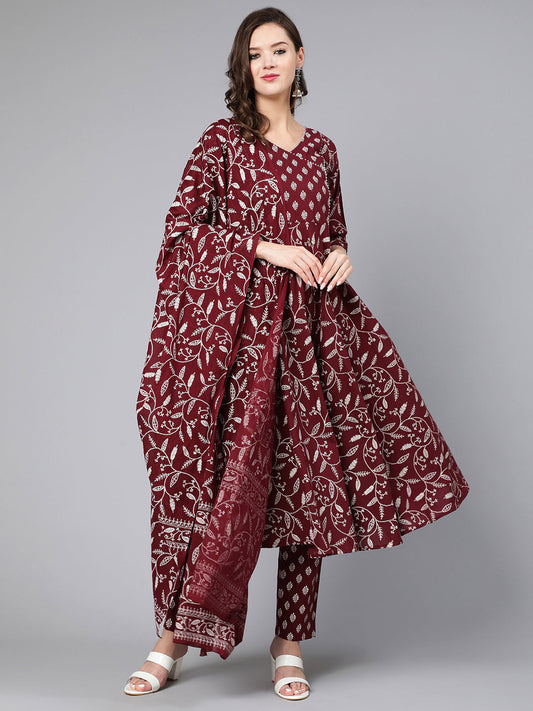 Women's Burgundy Printed Flared Kurta With Trouser And Dupatta