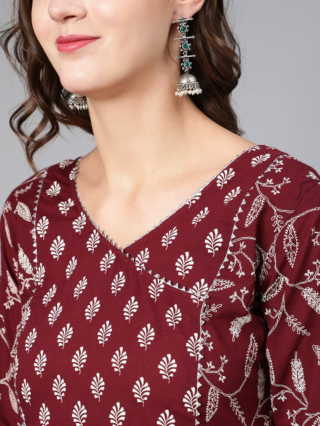 Women's Burgundy Printed Flared Kurta With Trouser And Dupatta