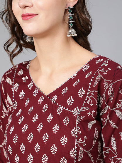 Women's Burgundy Printed Flared Kurta With Trouser And Dupatta
