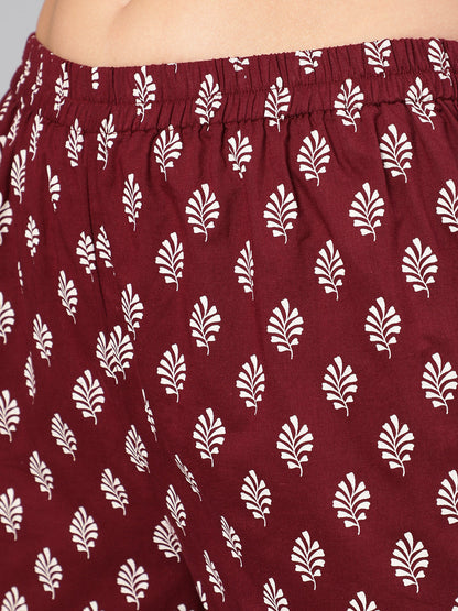 Women's Burgundy Printed Flared Kurta With Trouser And Dupatta