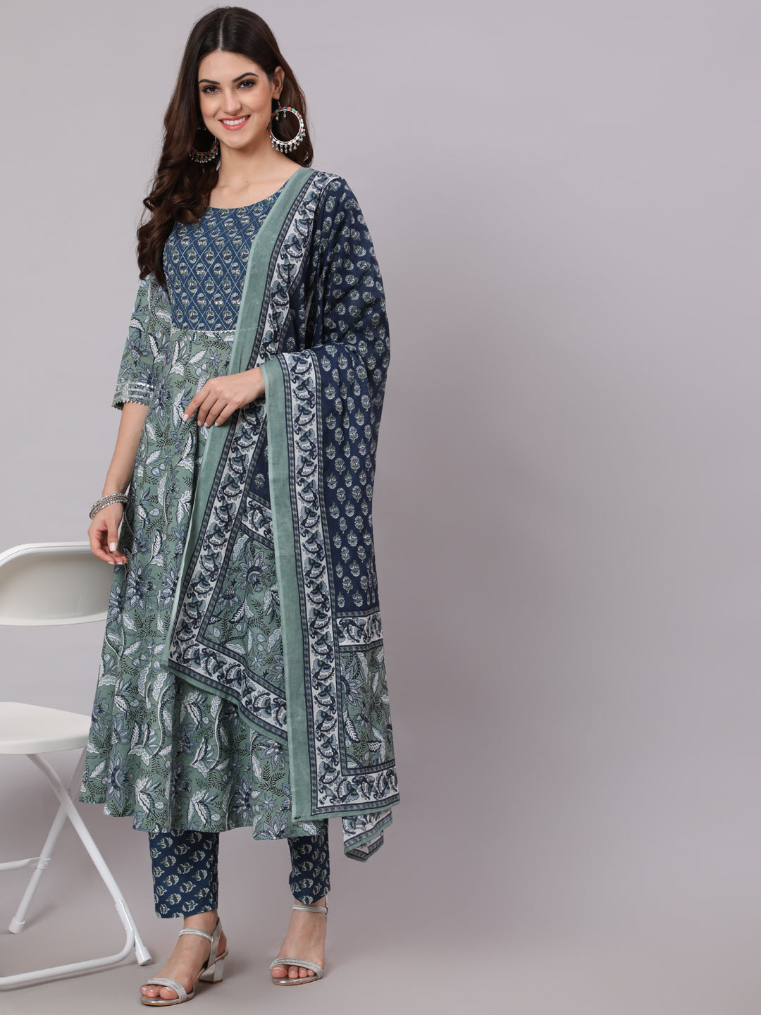 Women's Green And Blue Printed Flared Kurta With Palazzo And Dupatta