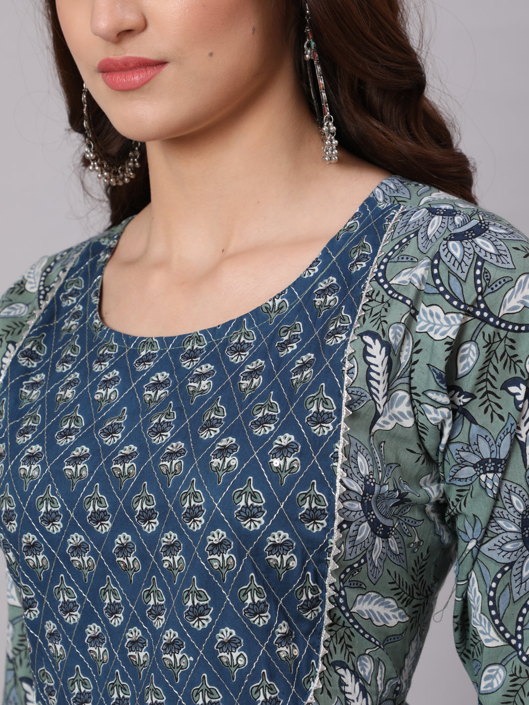 Women's Green And Blue Printed Flared Kurta With Palazzo And Dupatta