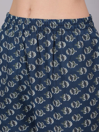 Women's Green And Blue Printed Flared Kurta With Palazzo And Dupatta