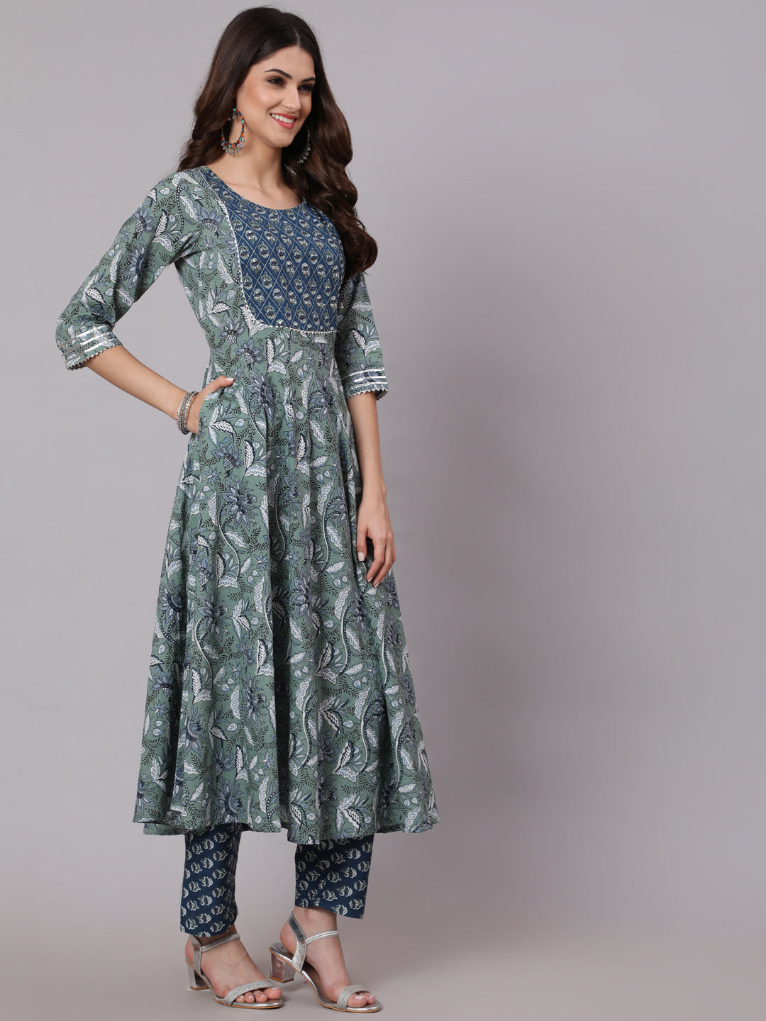 Women's Green And Blue Printed Flared Kurta With Palazzo And Dupatta