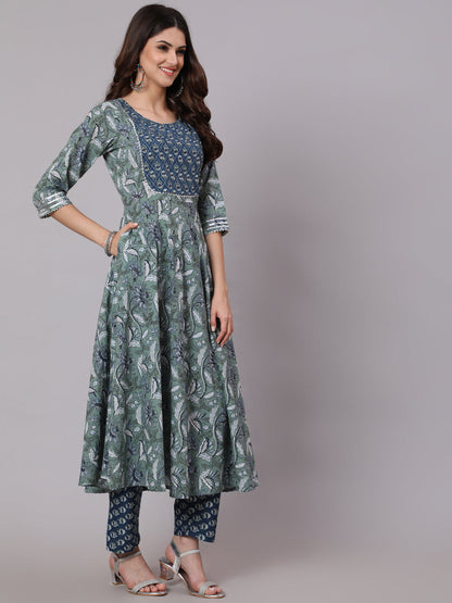 Women's Green And Blue Printed Flared Kurta With Palazzo And Dupatta