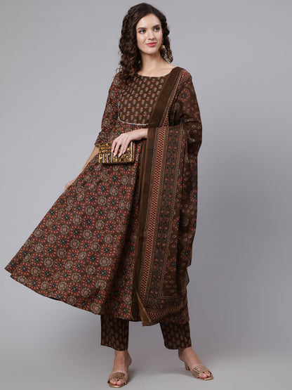 Women's Brown Ethnic Motifs Yoke Design Cotton Kurta with Trousers & With Dupatta