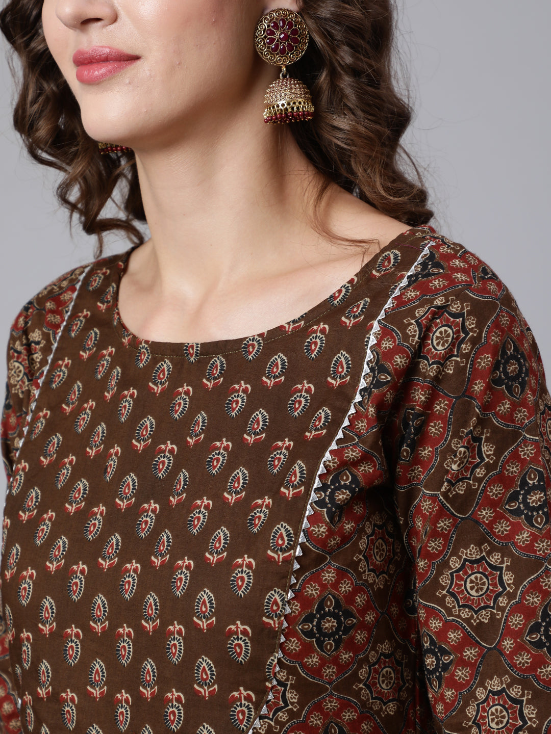 Women's Brown Ethnic Motifs Yoke Design Cotton Kurta with Trousers & With Dupatta