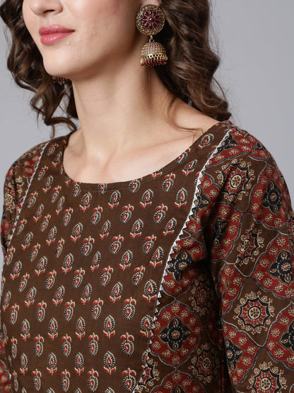 Women's Brown Ethnic Motifs Yoke Design Cotton Kurta with Trousers & With Dupatta