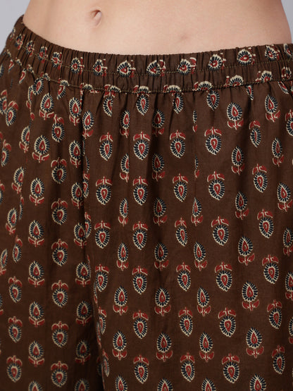 Women's Brown Ethnic Motifs Yoke Design Cotton Kurta with Trousers & With Dupatta