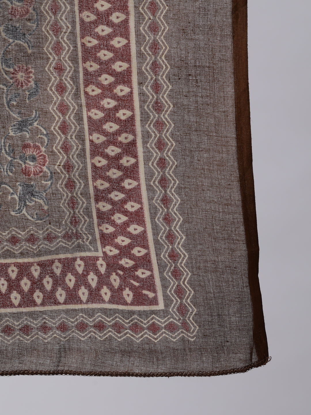 Women's Brown Ethnic Motifs Yoke Design Cotton Kurta with Trousers & With Dupatta