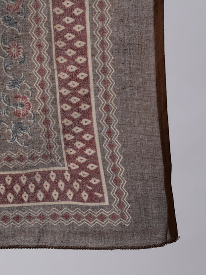 Women's Brown Ethnic Motifs Yoke Design Cotton Kurta with Trousers & With Dupatta