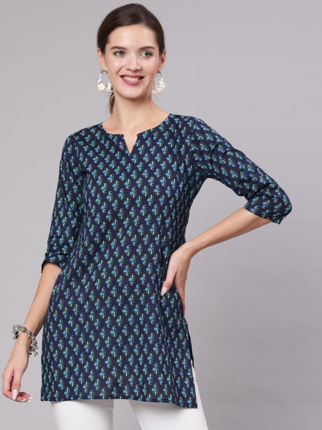 Women's Navy Blue & White Printed Tunic