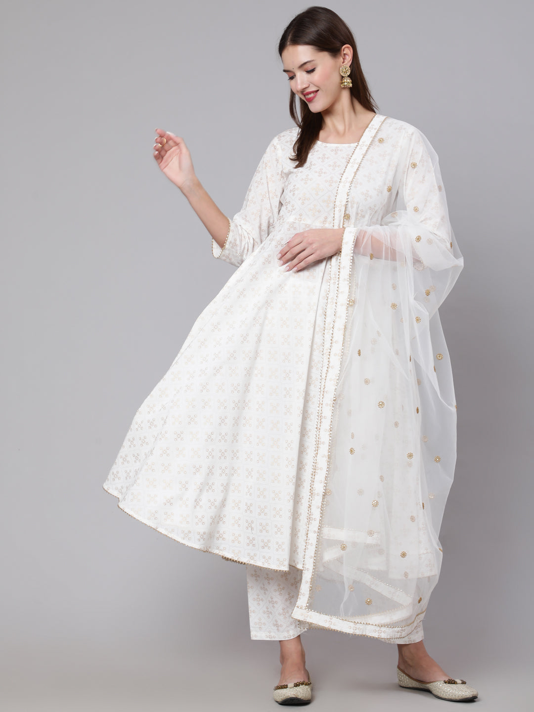 Women's Off White Flared Kurta With Trouser & Dupatta
