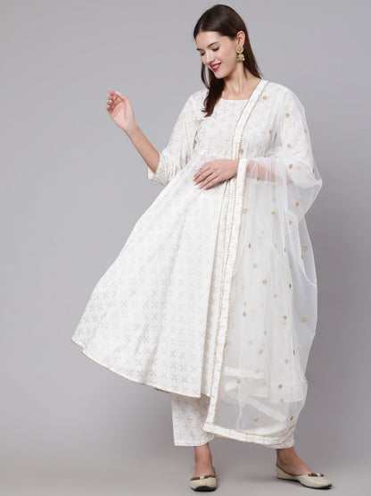 Women's Off White Flared Kurta With Trouser & Dupatta