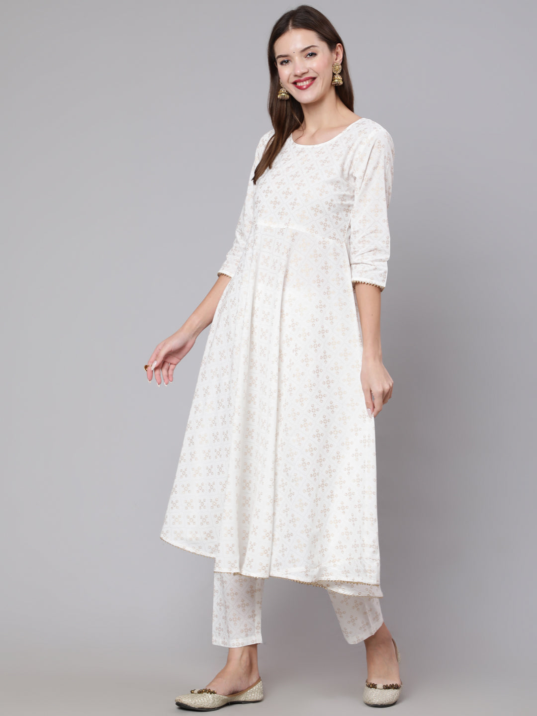Women's Off White Flared Kurta With Trouser & Dupatta