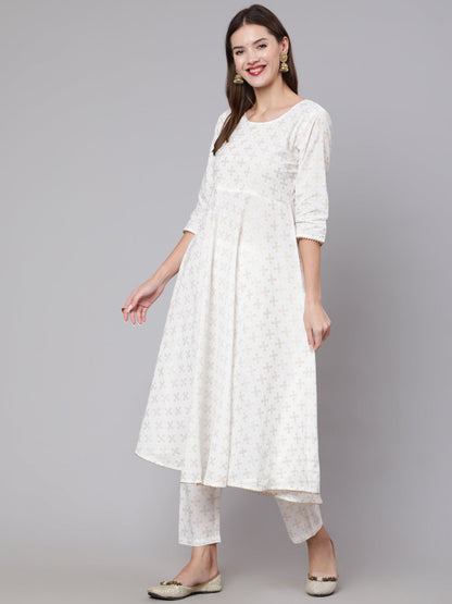 Women's Off White Flared Kurta With Trouser & Dupatta