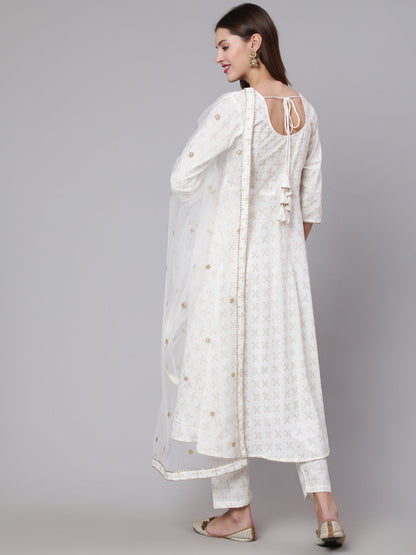 Women's Off White Flared Kurta With Trouser & Dupatta