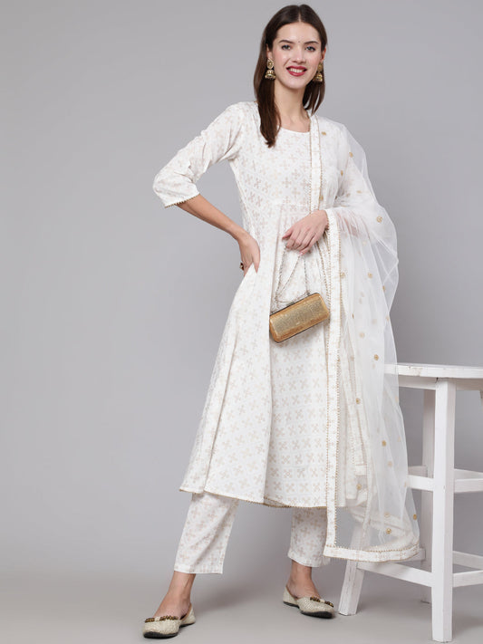 Women's Off White Flared Kurta With Trouser & Dupatta