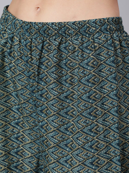 Women's Teal Blue Printed Ethnic Kurta With Palazzo