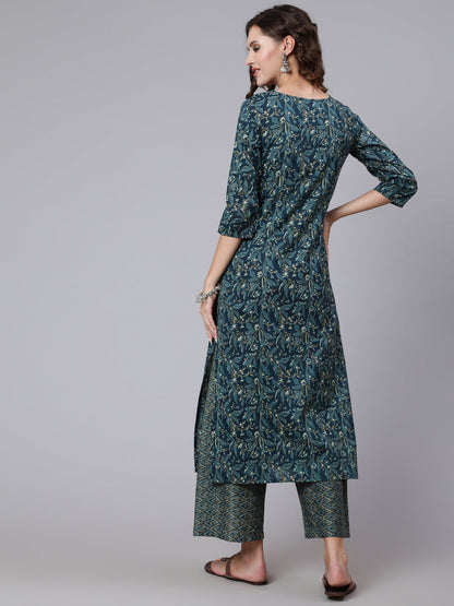 Women's Teal Blue Printed Ethnic Kurta With Palazzo