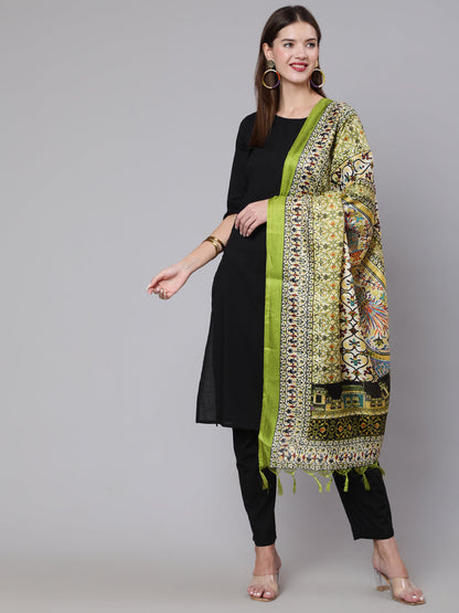 Women's Black Solid Kurta And Palazzo With Printed Dupatta