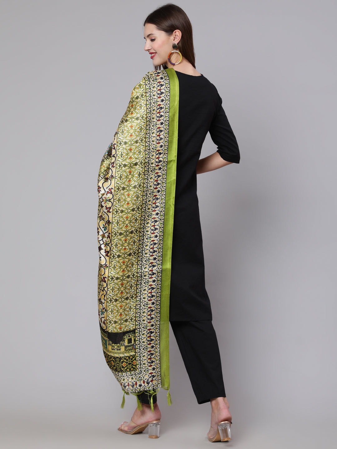 Women's Black Solid Kurta And Palazzo With Printed Dupatta