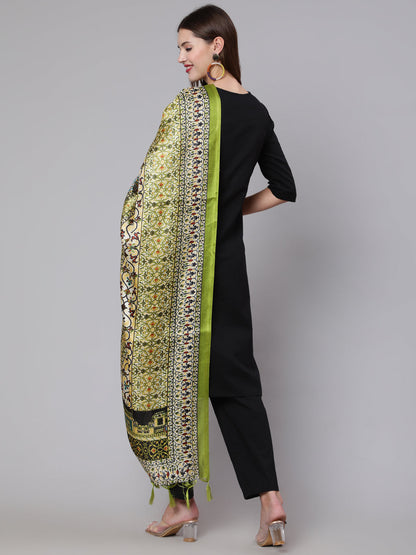 Women's Black Solid Kurta And Palazzo With Printed Dupatta