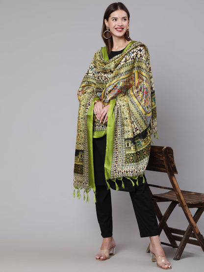 Women's Black Solid Kurta And Palazzo With Printed Dupatta