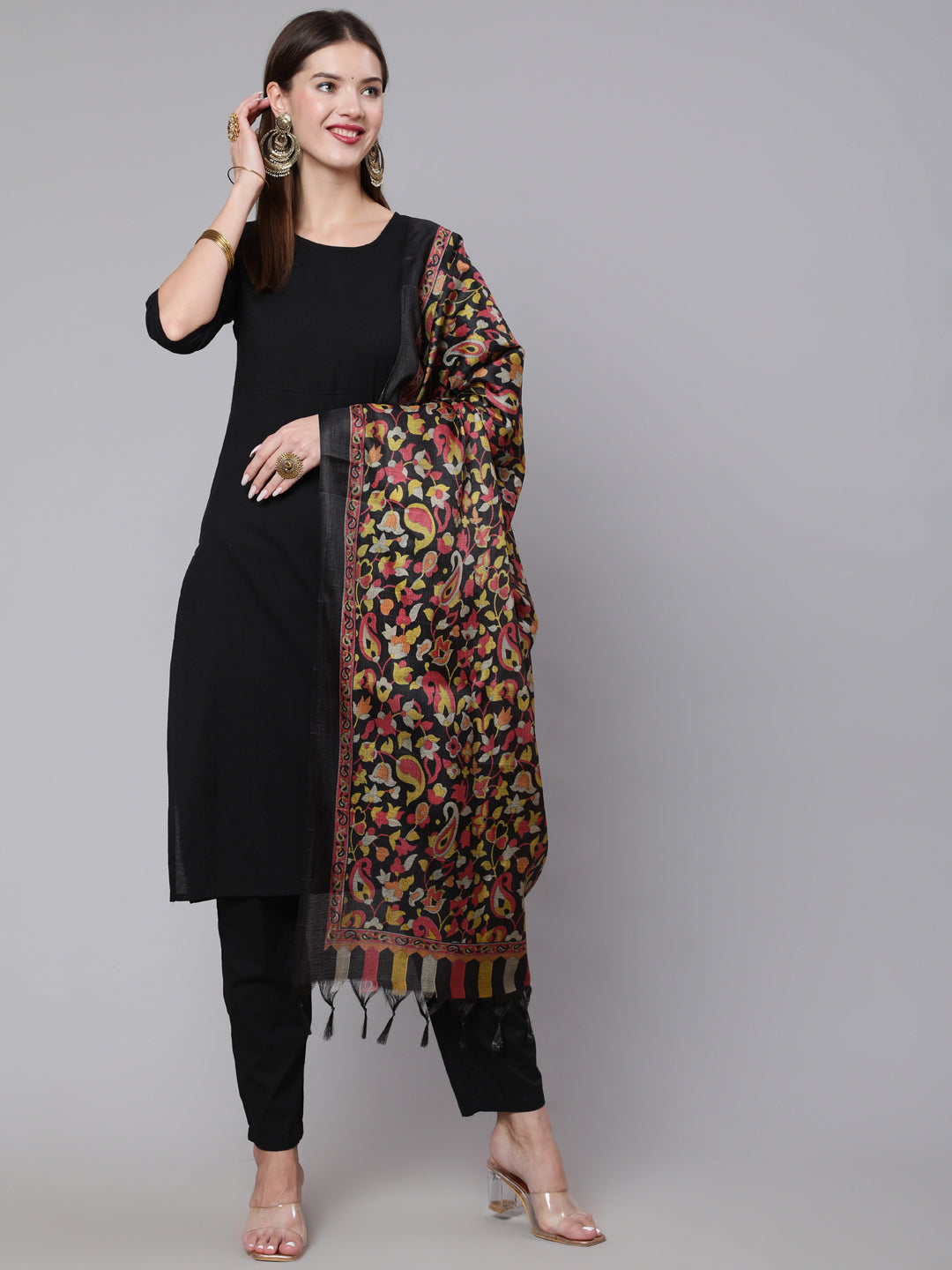 Women's Black Solid Kurta And Palazzo With Printed Dupatta