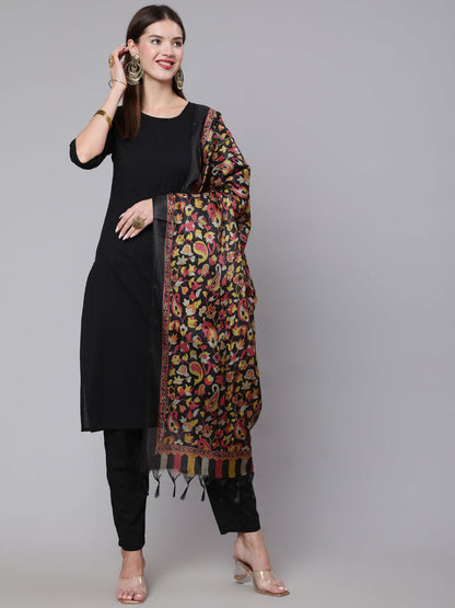 Women's Black Solid Kurta And Palazzo With Printed Dupatta