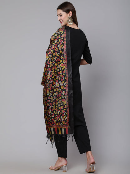 Women's Black Solid Kurta And Palazzo With Printed Dupatta