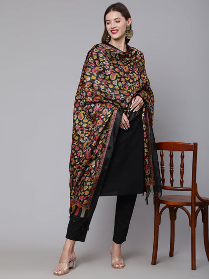 Women's Black Solid Kurta And Palazzo With Printed Dupatta