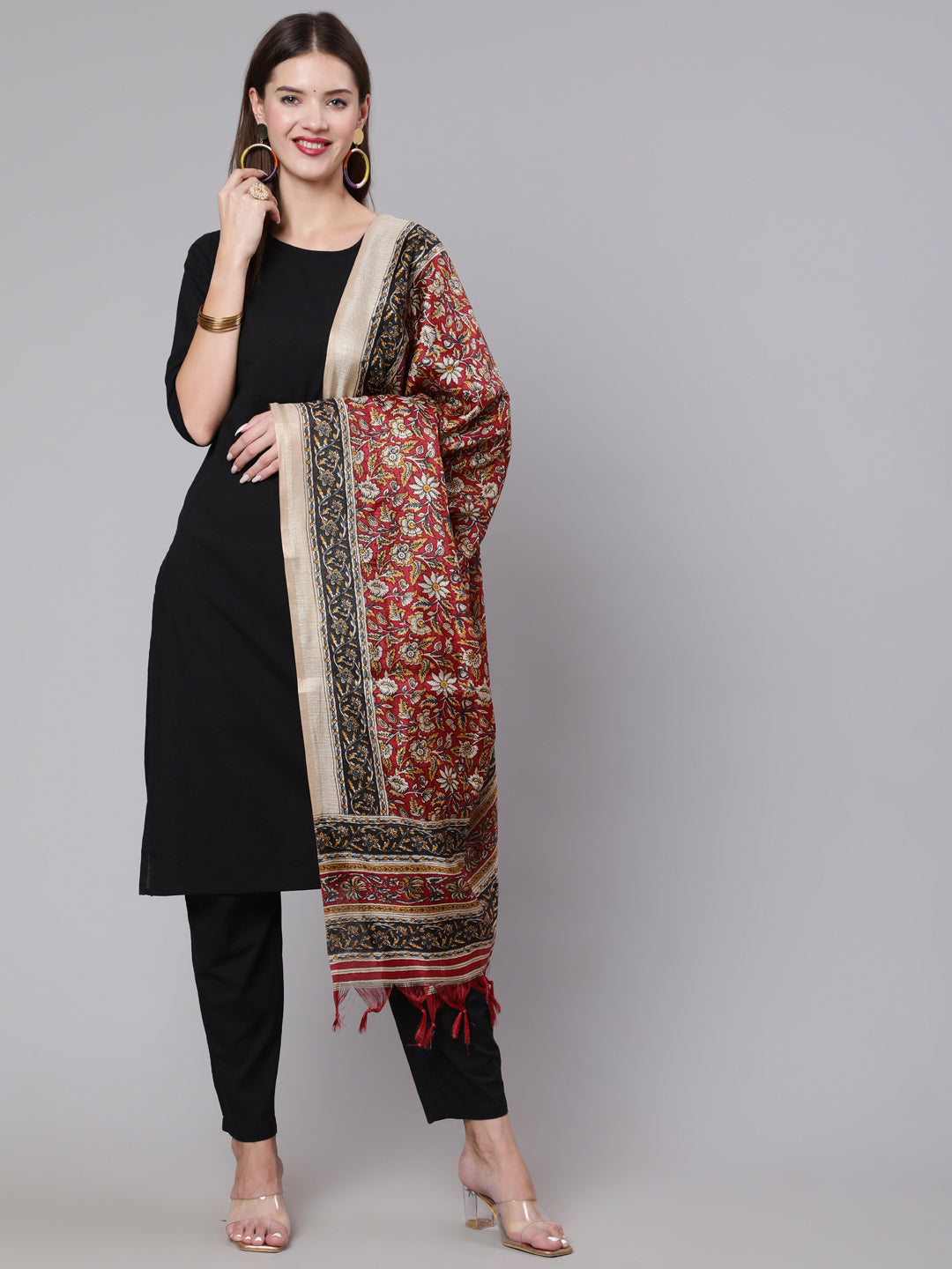 Women's Black Solid Kurta And Palazzo With Printed Dupatta