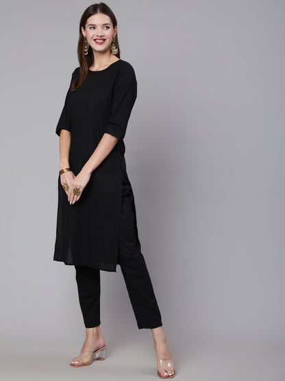 Women's Black Solid Kurta And Palazzo With Printed Dupatta