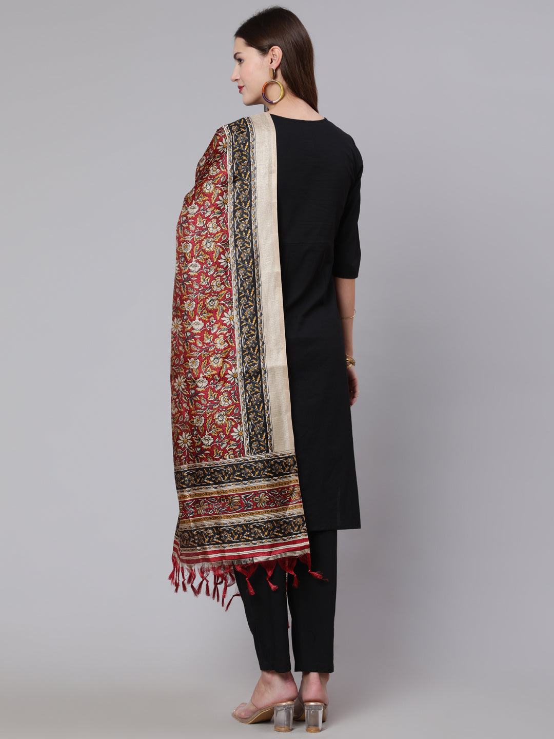 Women's Black Solid Kurta And Palazzo With Printed Dupatta